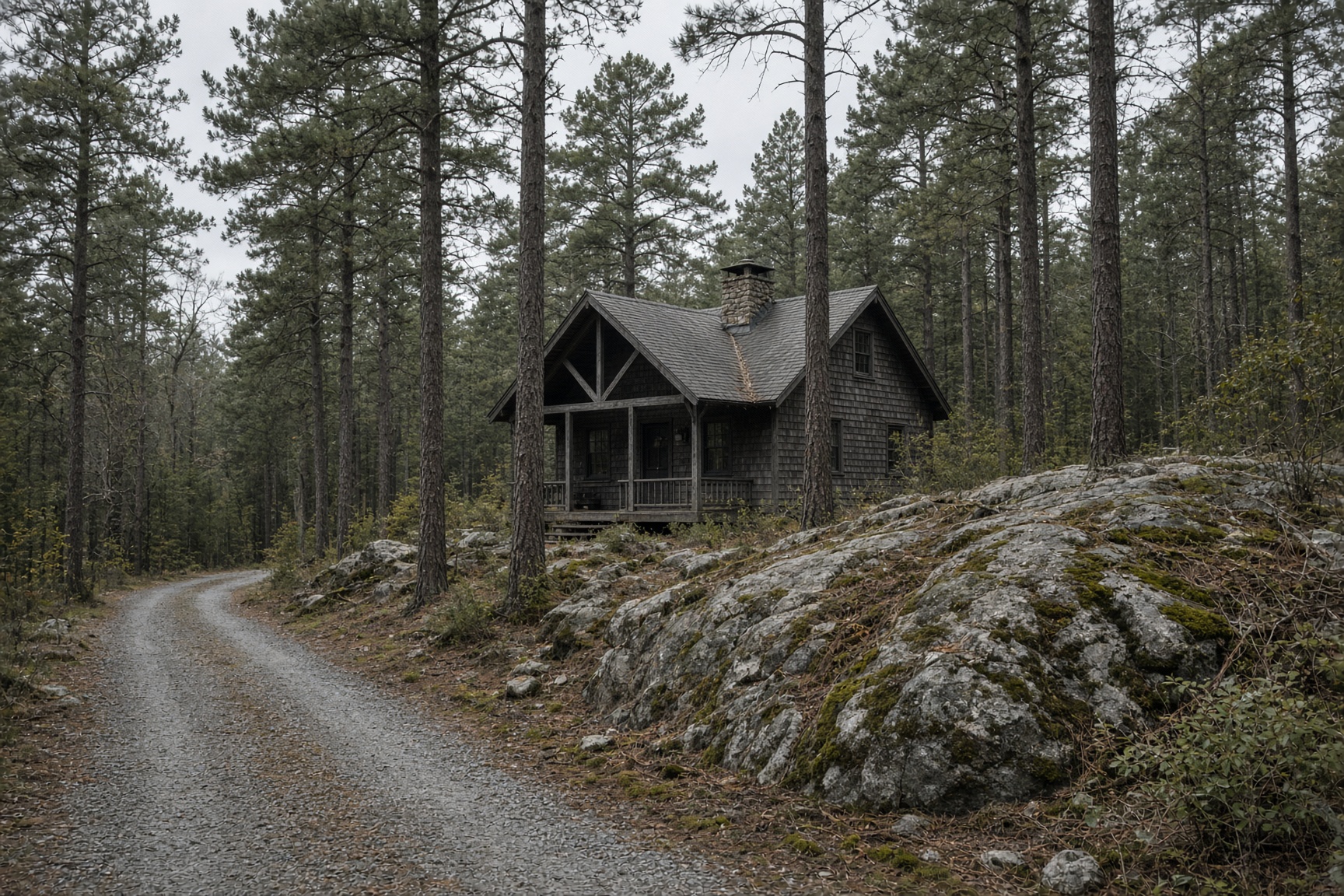 Adirondack cabin among pines