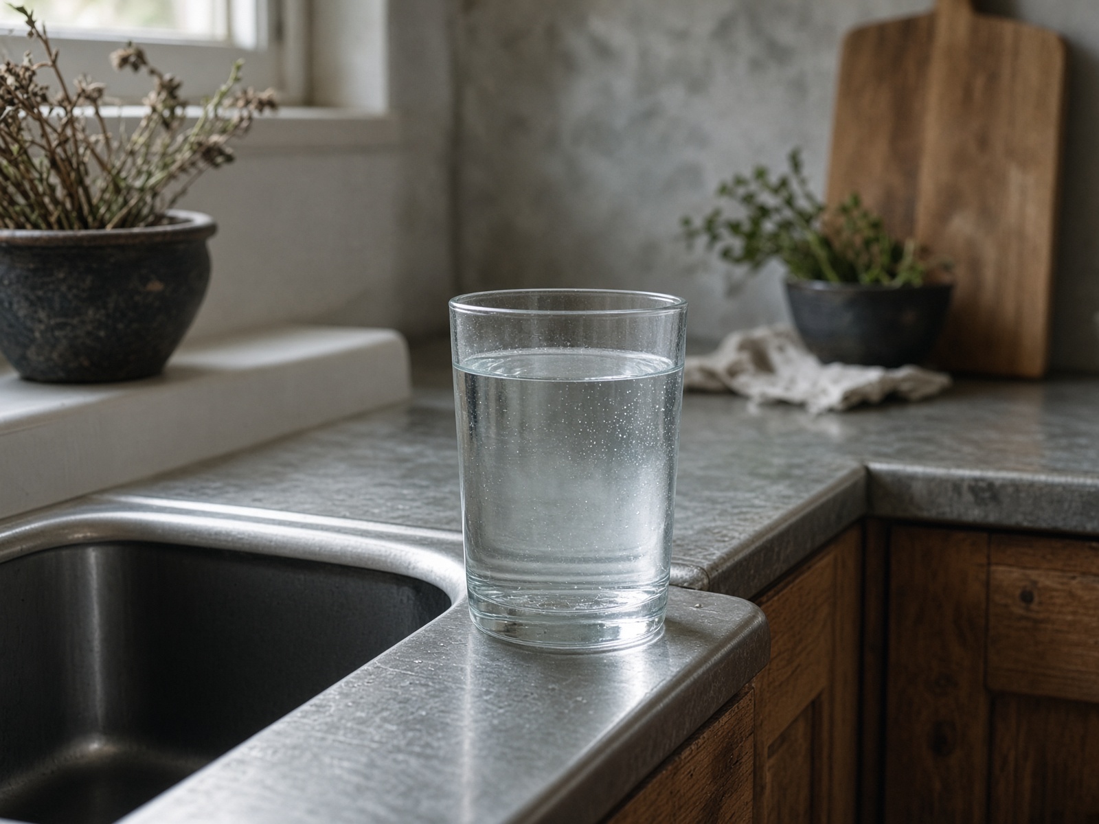 Clear water filling a glass at a farmhouse sink