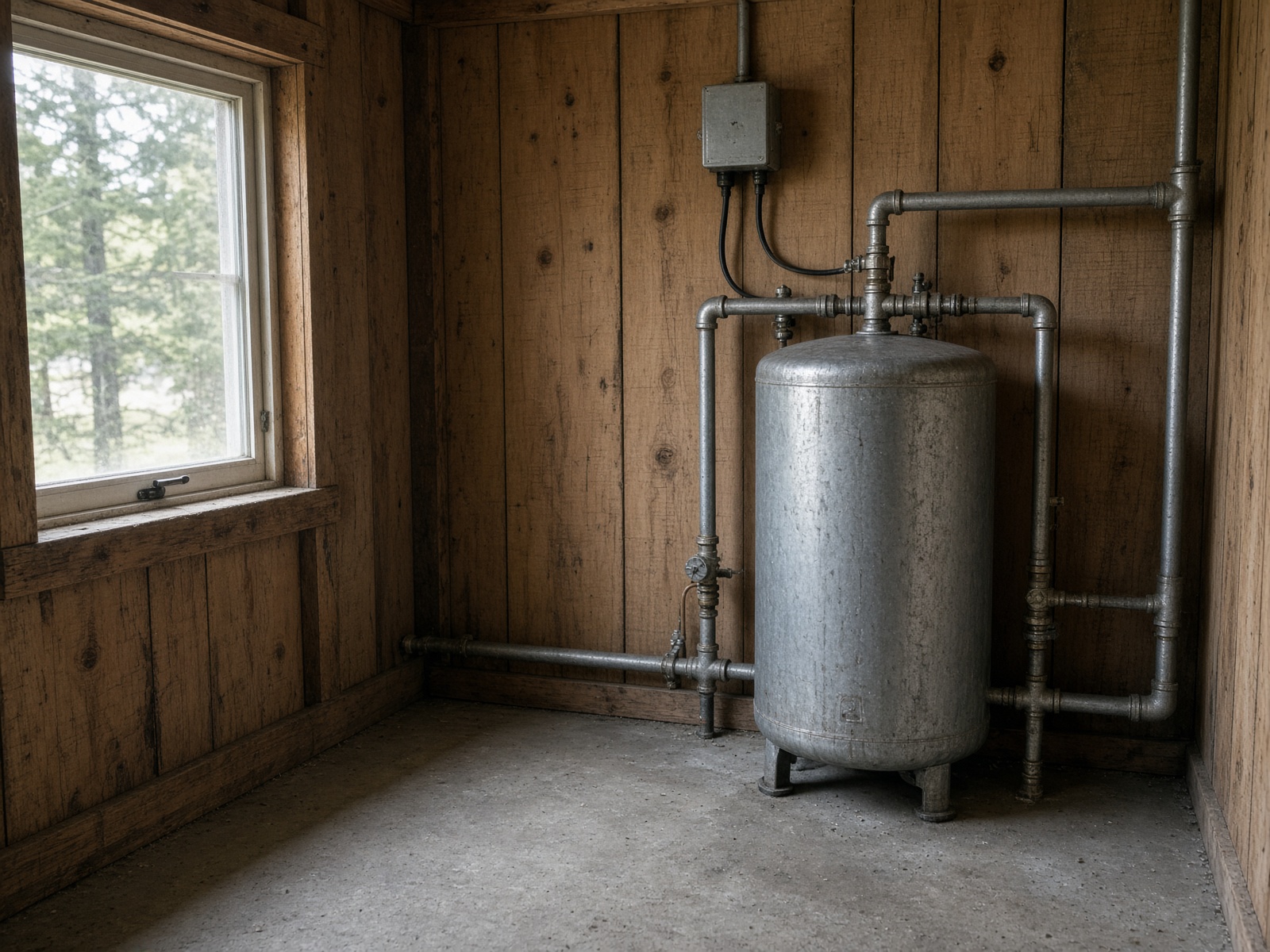 Well pressure tank and piping in a utility room